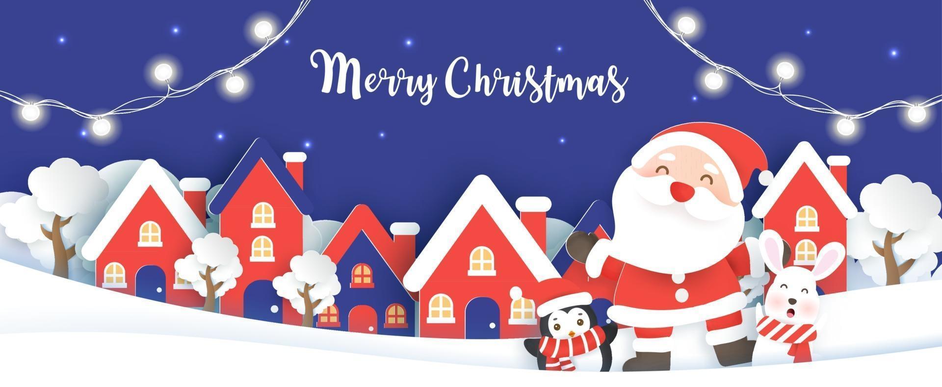 Christmas banner with a Santa Clause and friends. vector