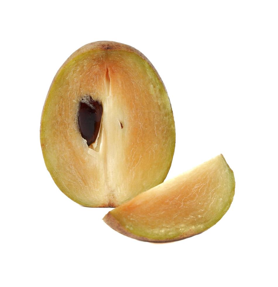 Fresh sapodilla plum with cut on white photo