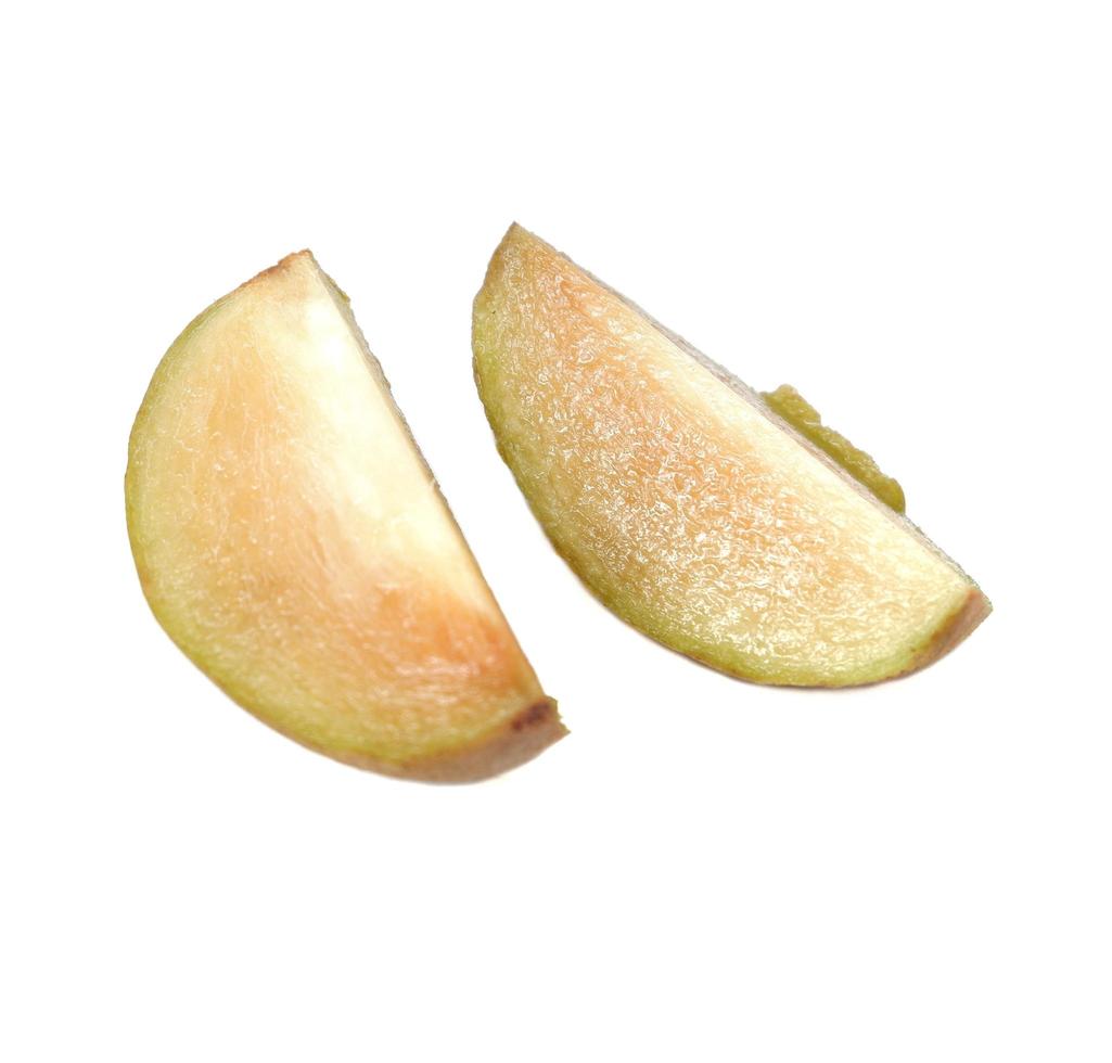 Fresh sapodilla plum with cut on white photo