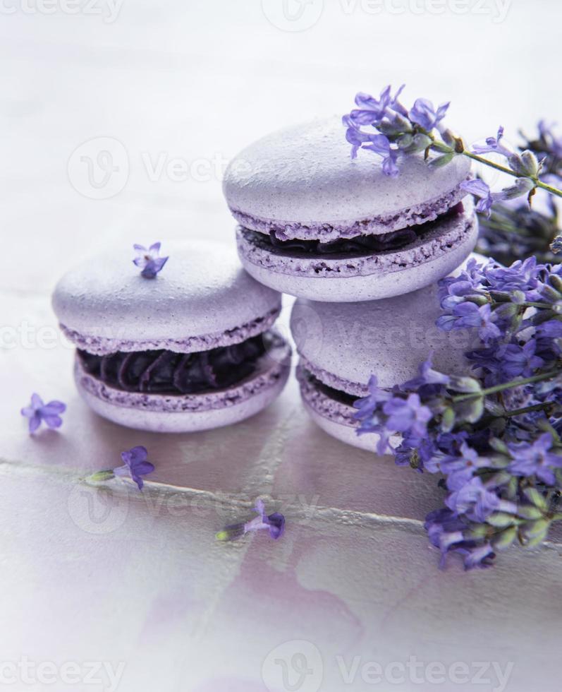 macarons franceses con sabor a lavanda y flores frescas de lavanda foto