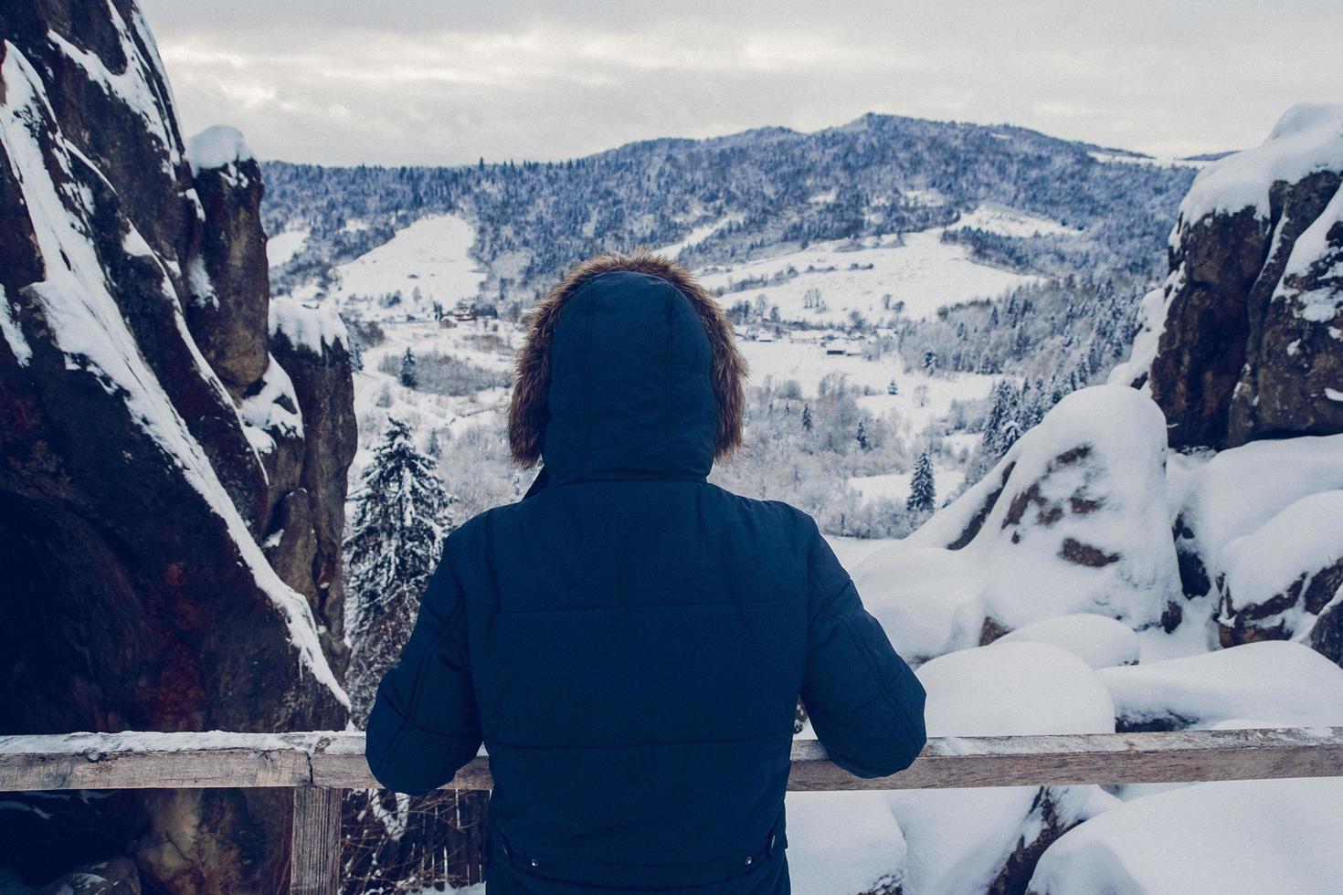 viajero con el telón de fondo de un paisaje cubierto de nieve foto