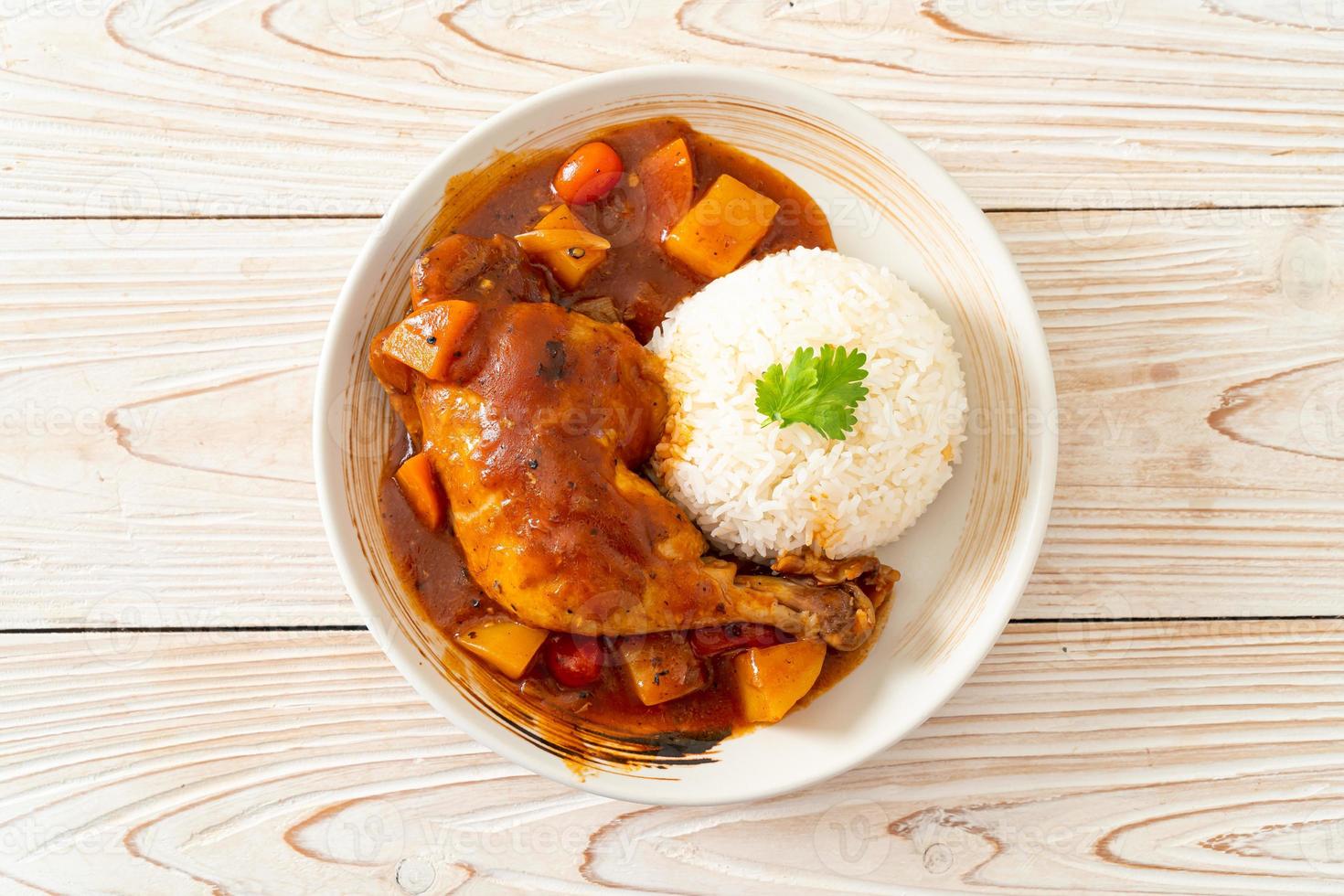 Estofado de pollo casero con tomates, cebollas, zanahoria y patatas en un plato con arroz foto