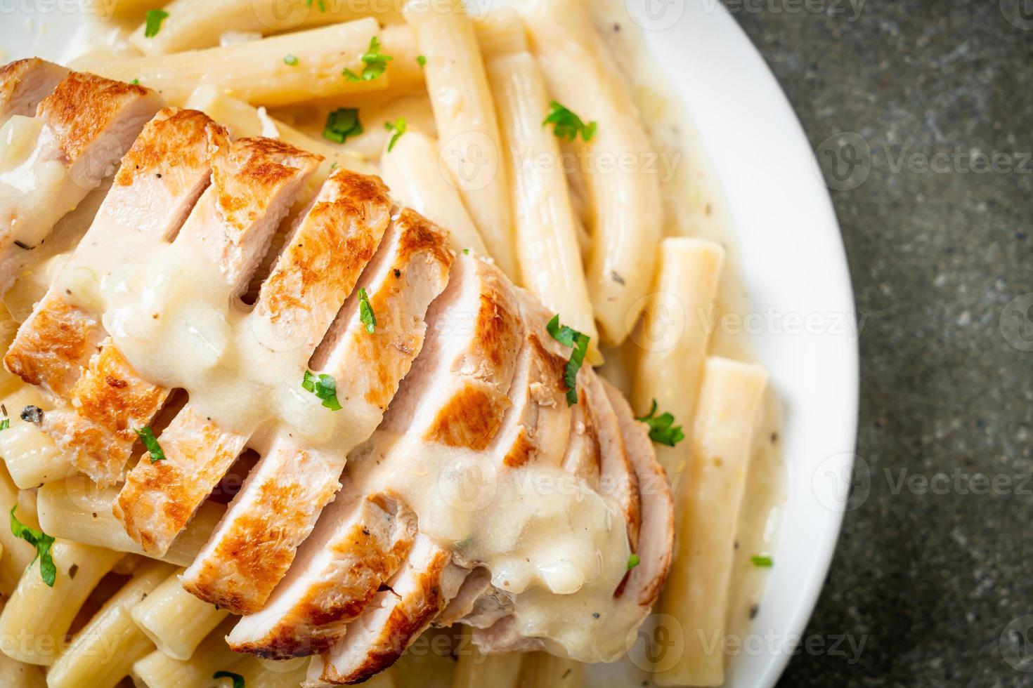 Homemade quadrotto penne pasta white creamy sauce with grilled chicken photo