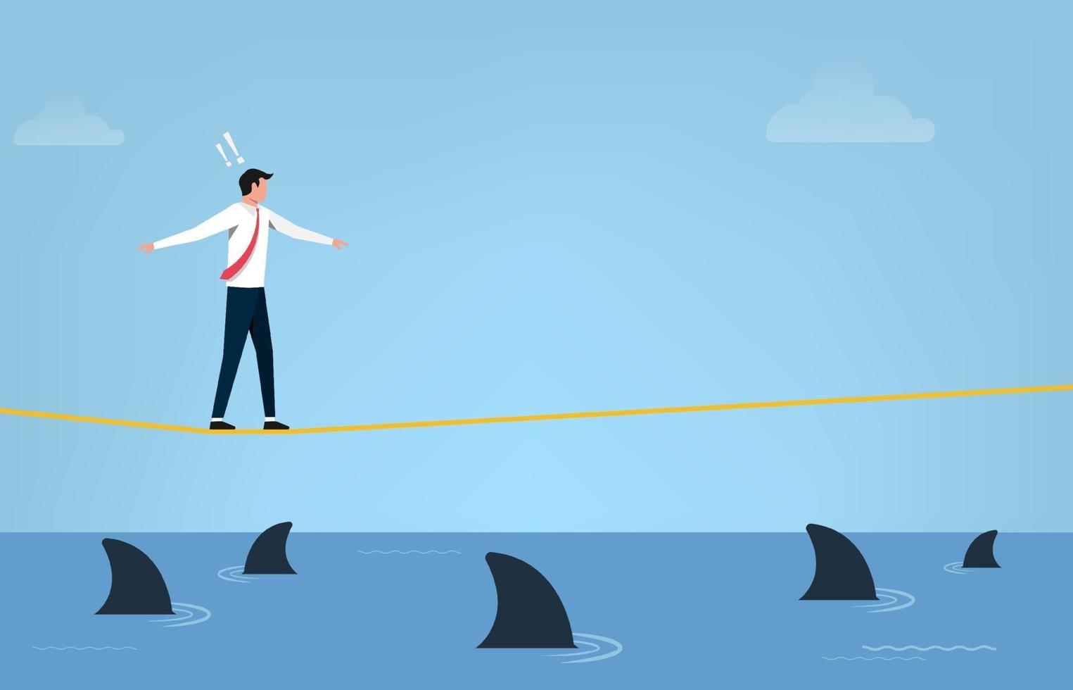 Business risk concept. Businessman walking on tightrope with fear vector