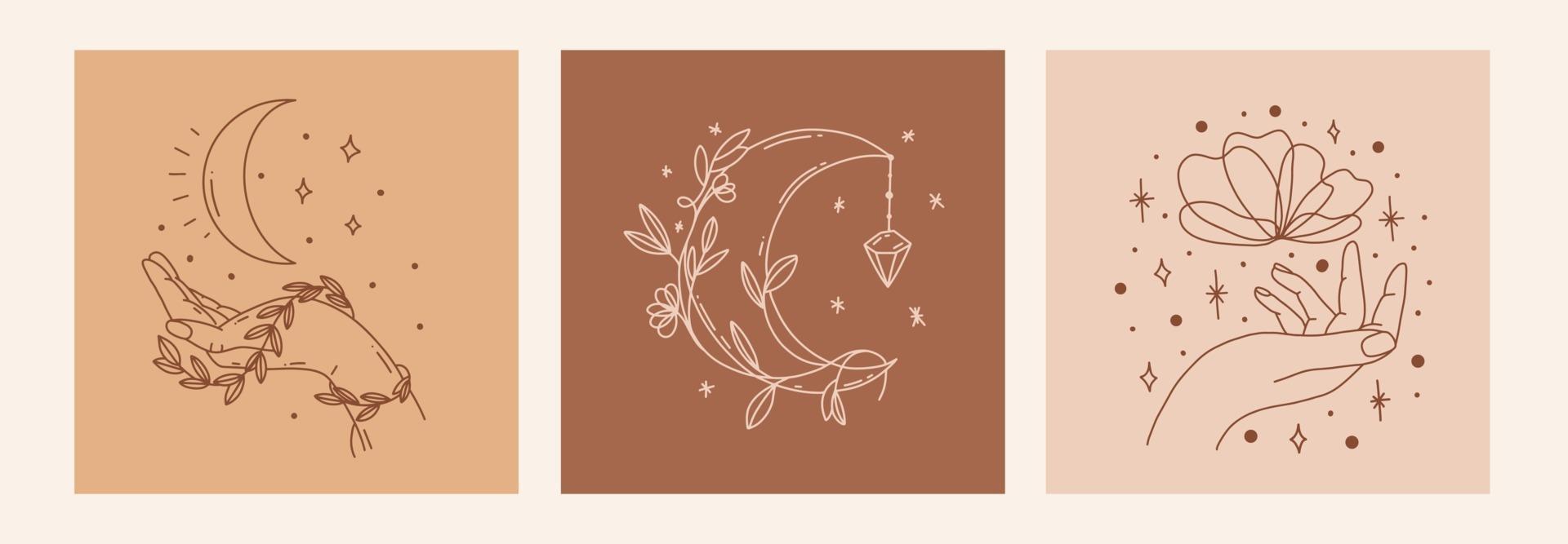 Magic line art poster with moon, hand, flower vector