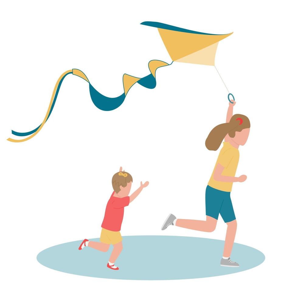 Happy Children have Fun with a Kite. Vector