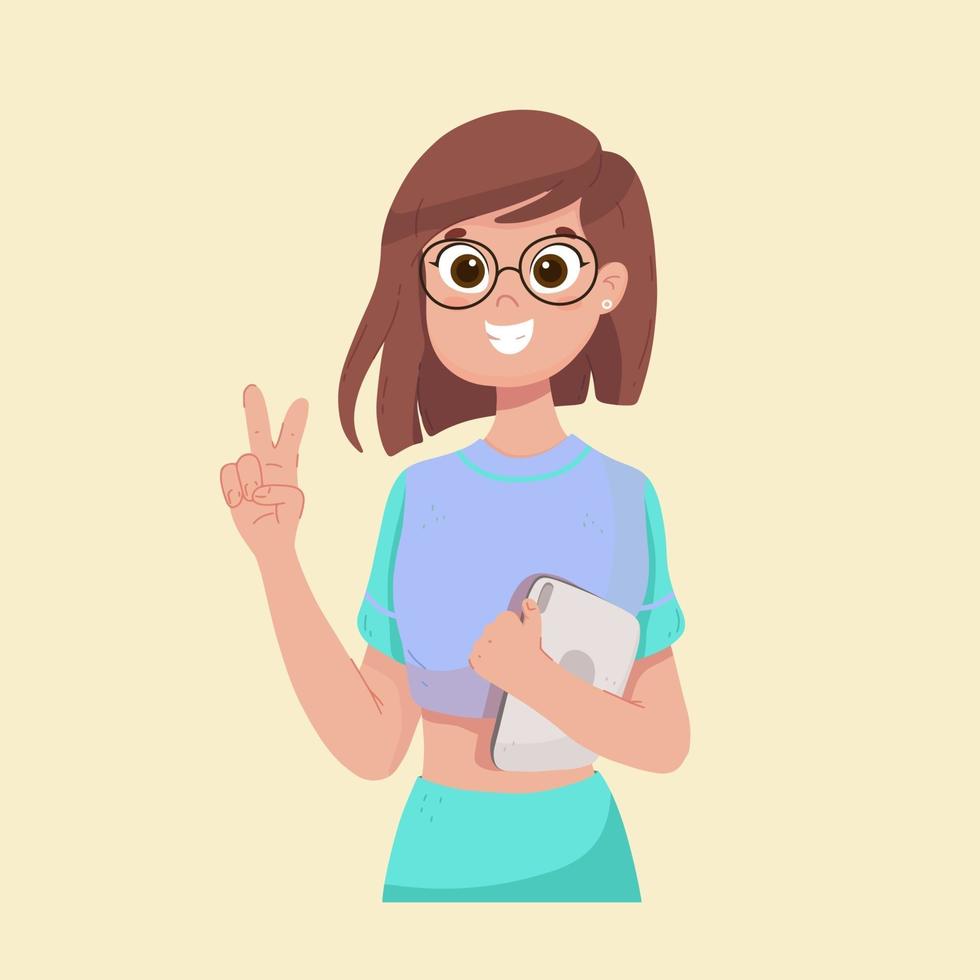 The girl shows two fingers and laughs. Glad to meet you. vector