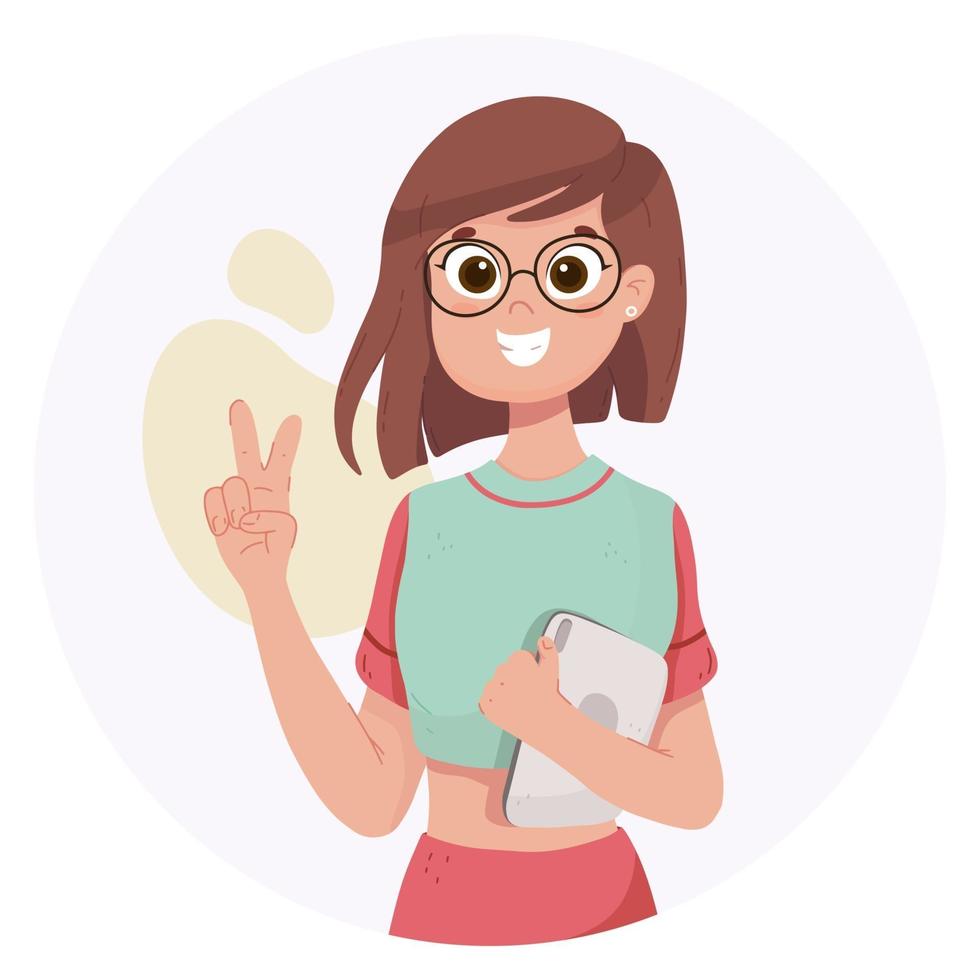 A student with glasses shows a peace sign. A girl with a short haircut vector