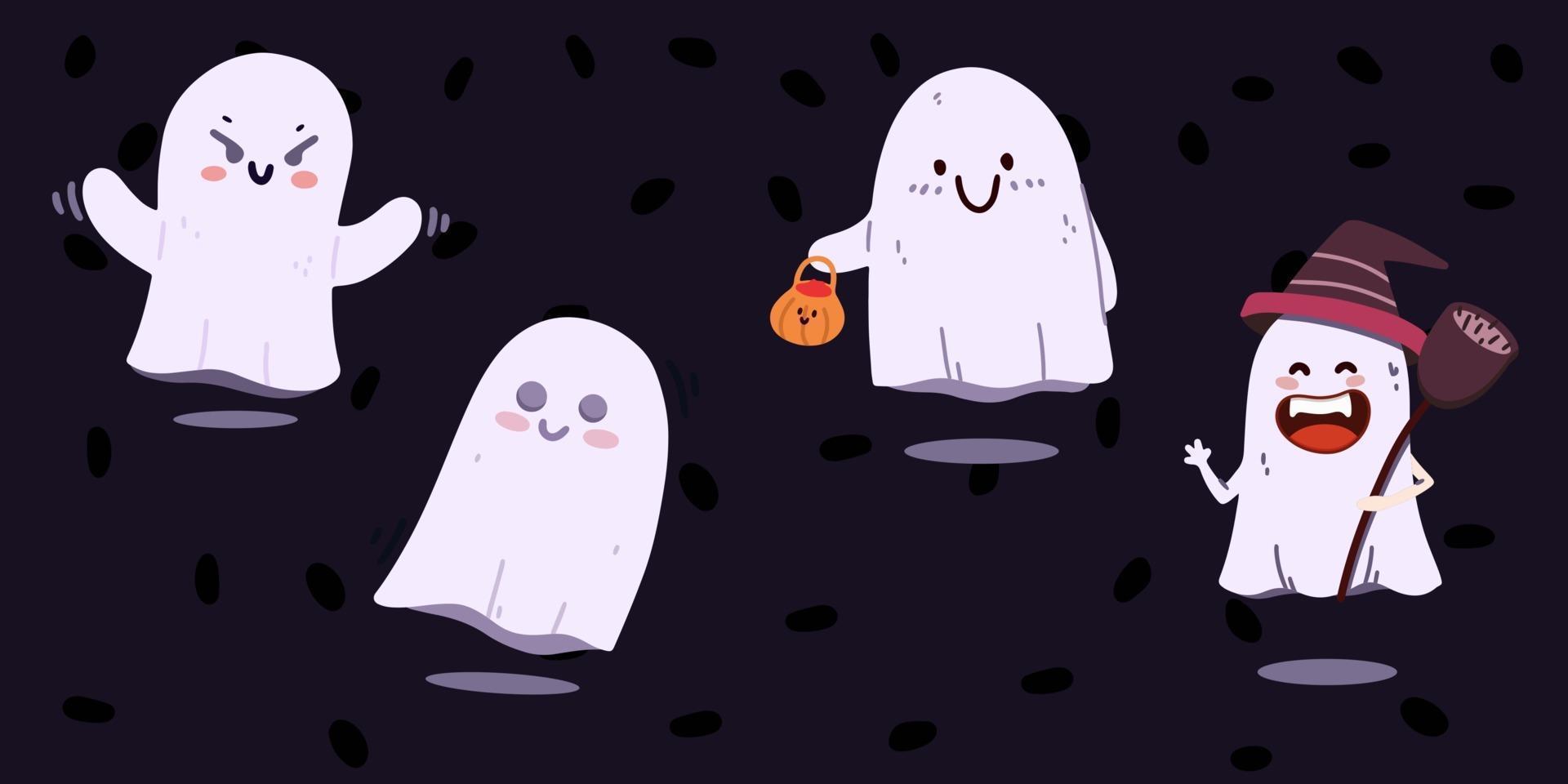 Big set of scary halloween ghosts. Halloween concept vector