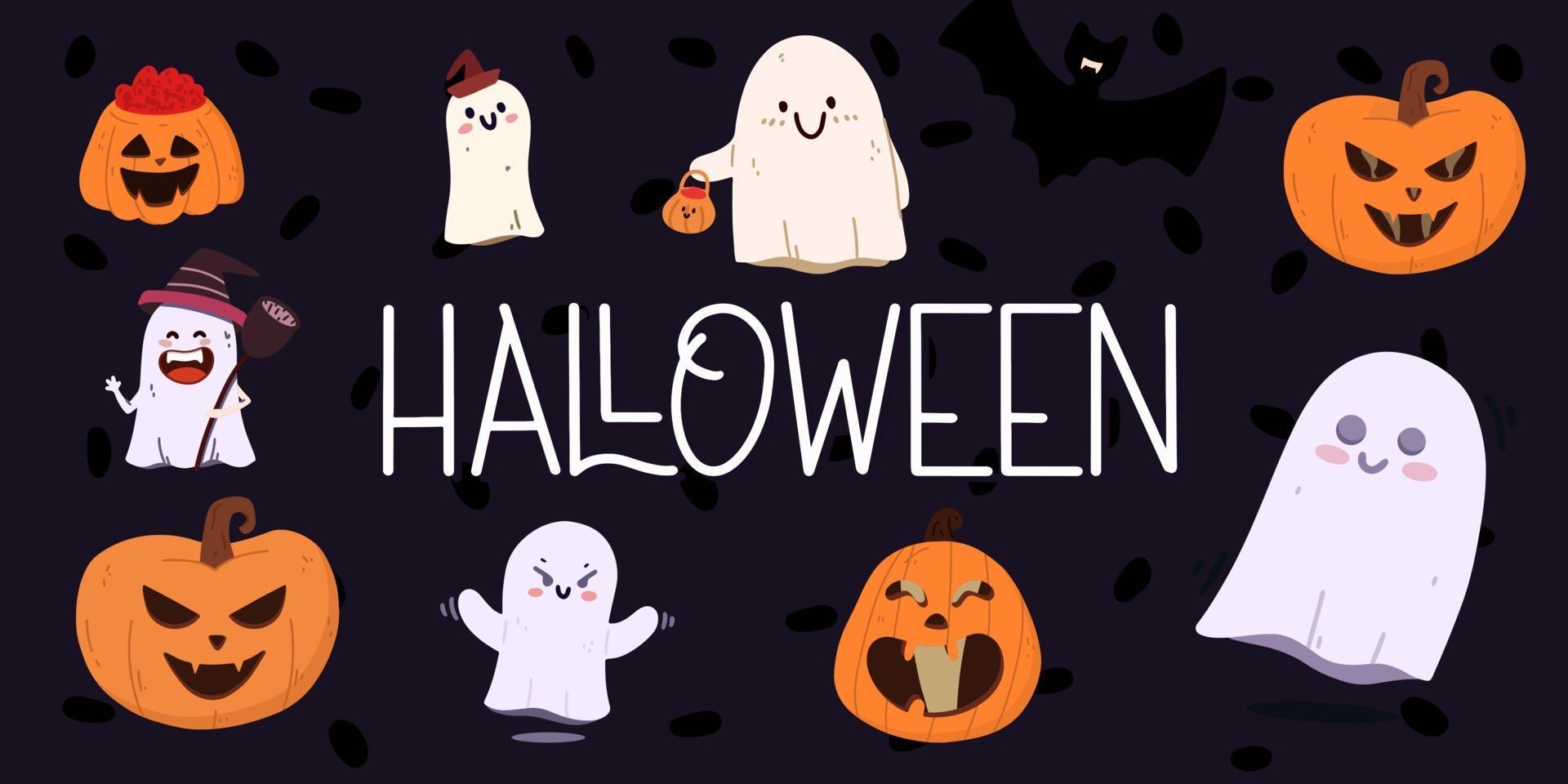 Set of cute ghosts and pumpkins. Halloween concept. vector