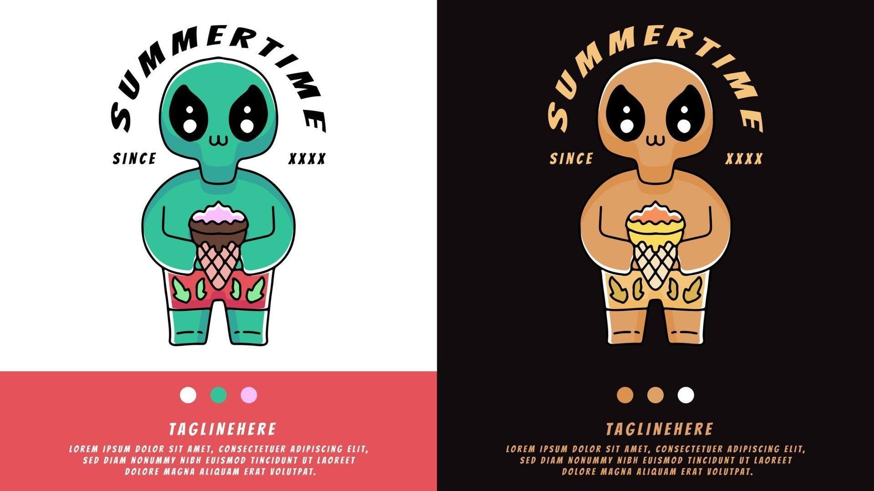 cartoon alien holding ice cream in summer. illustration for t shirt vector