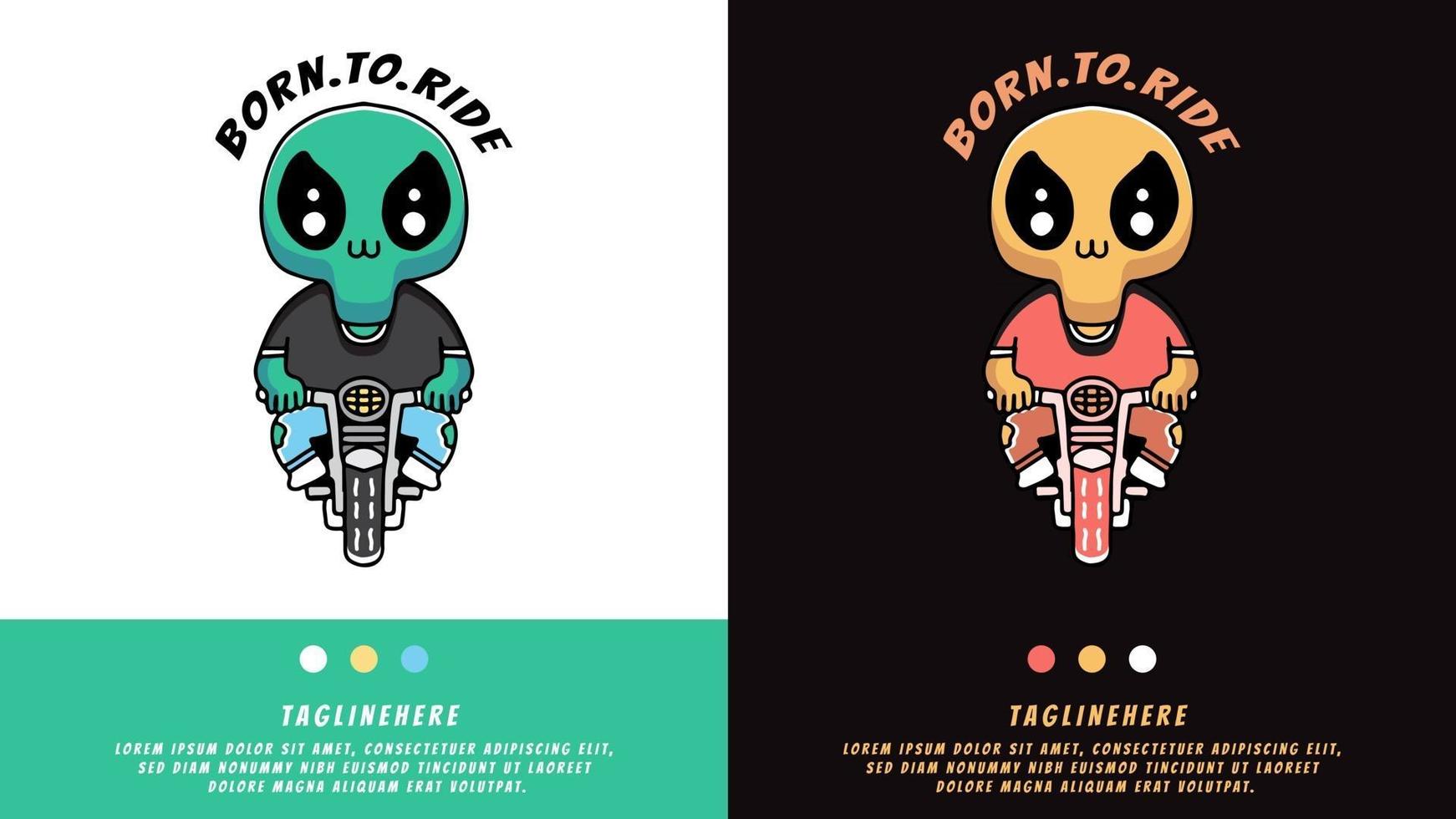 cartoon alien ride a bike in retro style. illustration for t shirt vector