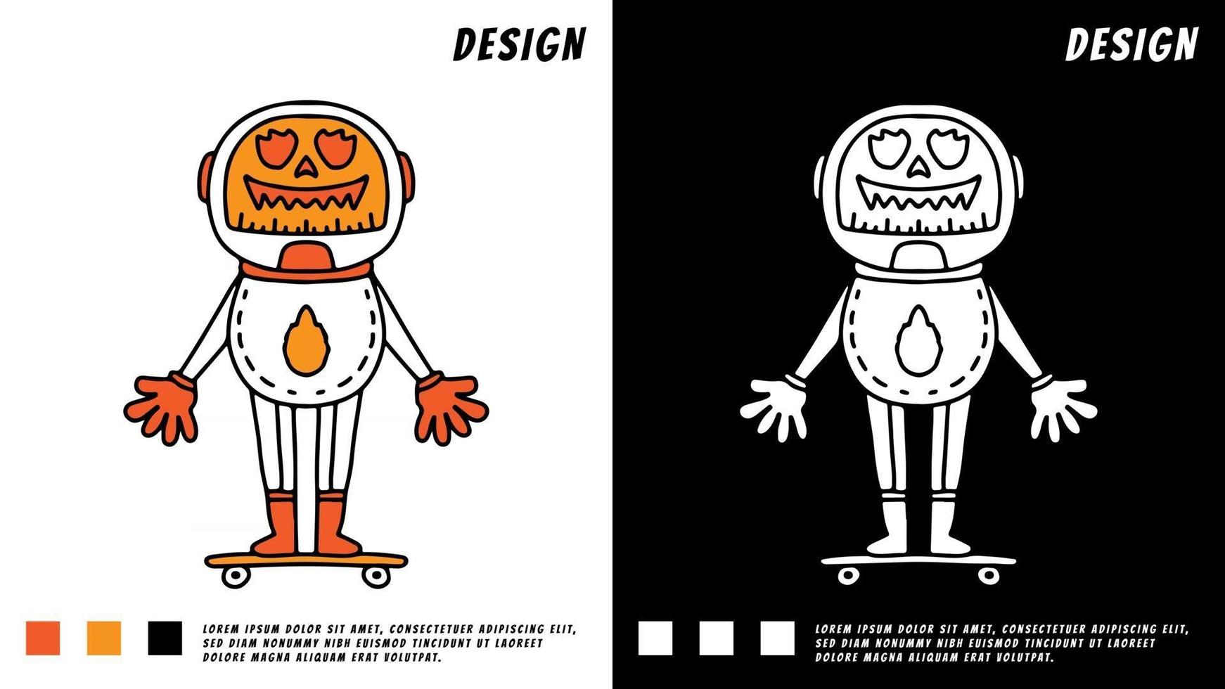 astronauta de calabaza con patineta, ilustración para camiseta vector