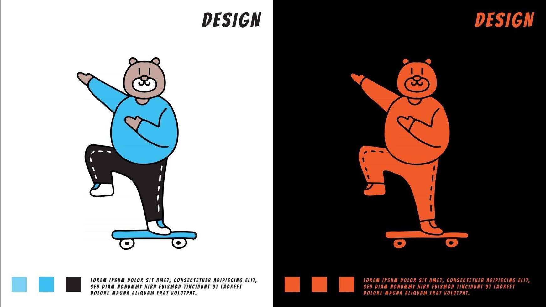 lindo oso exagerado jugando patineta, ilustración para camiseta vector