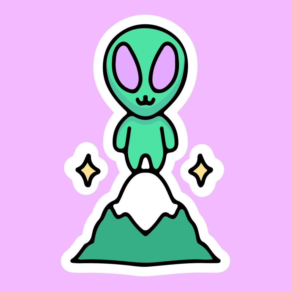 Alien en la cima de la montaña, diseño gráfico para camiseta y pegatina. vector