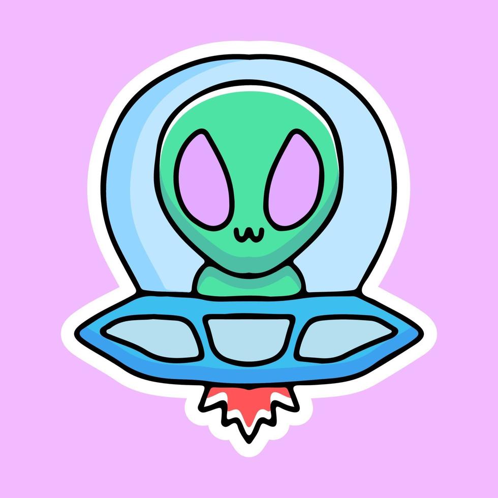 cute alien with spaceship, design graphic for t shirt and sticker vector