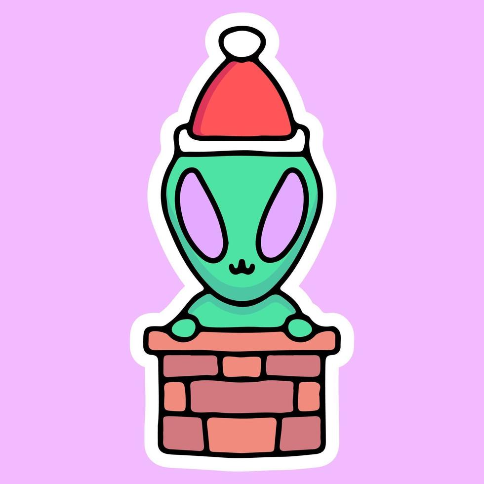 alien with santa hat on the chimney, design graphic for sticker vector