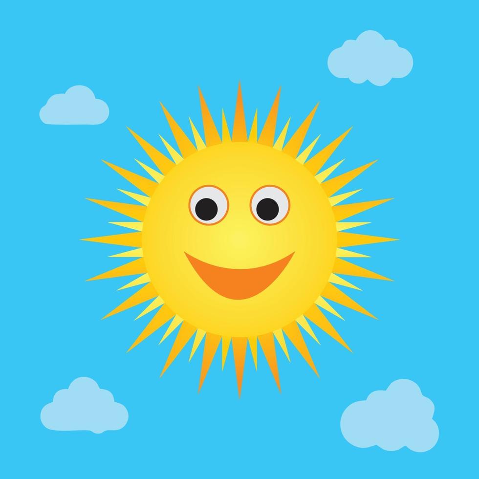 Sol sonriente alegre amarillo en diseño de fondo de vector de cielo azul