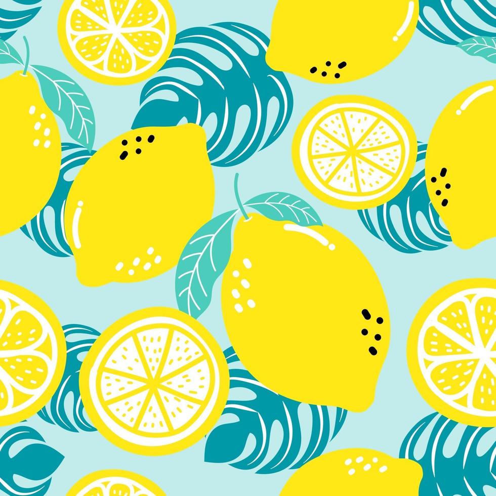 Seamless pattern lemon. Slices of citrus and leaf. vector