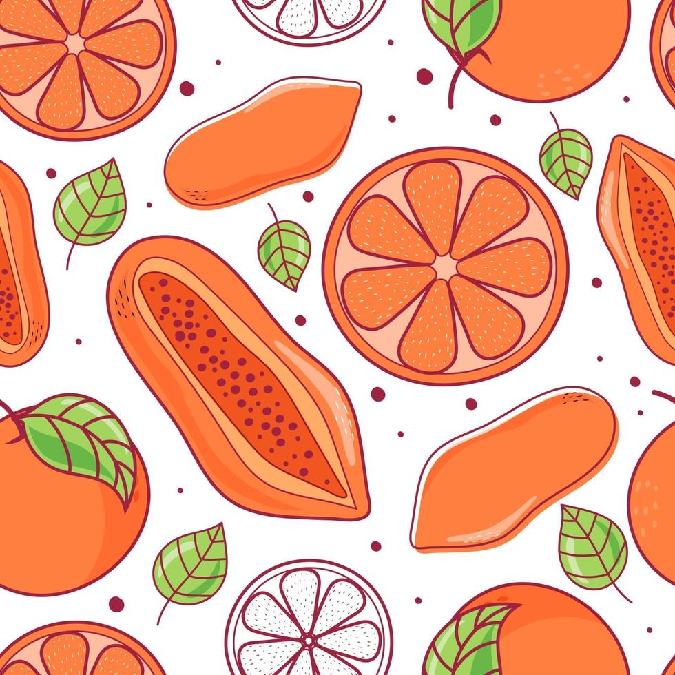 Seamless pattern papaya and orange fruit with leaf vector