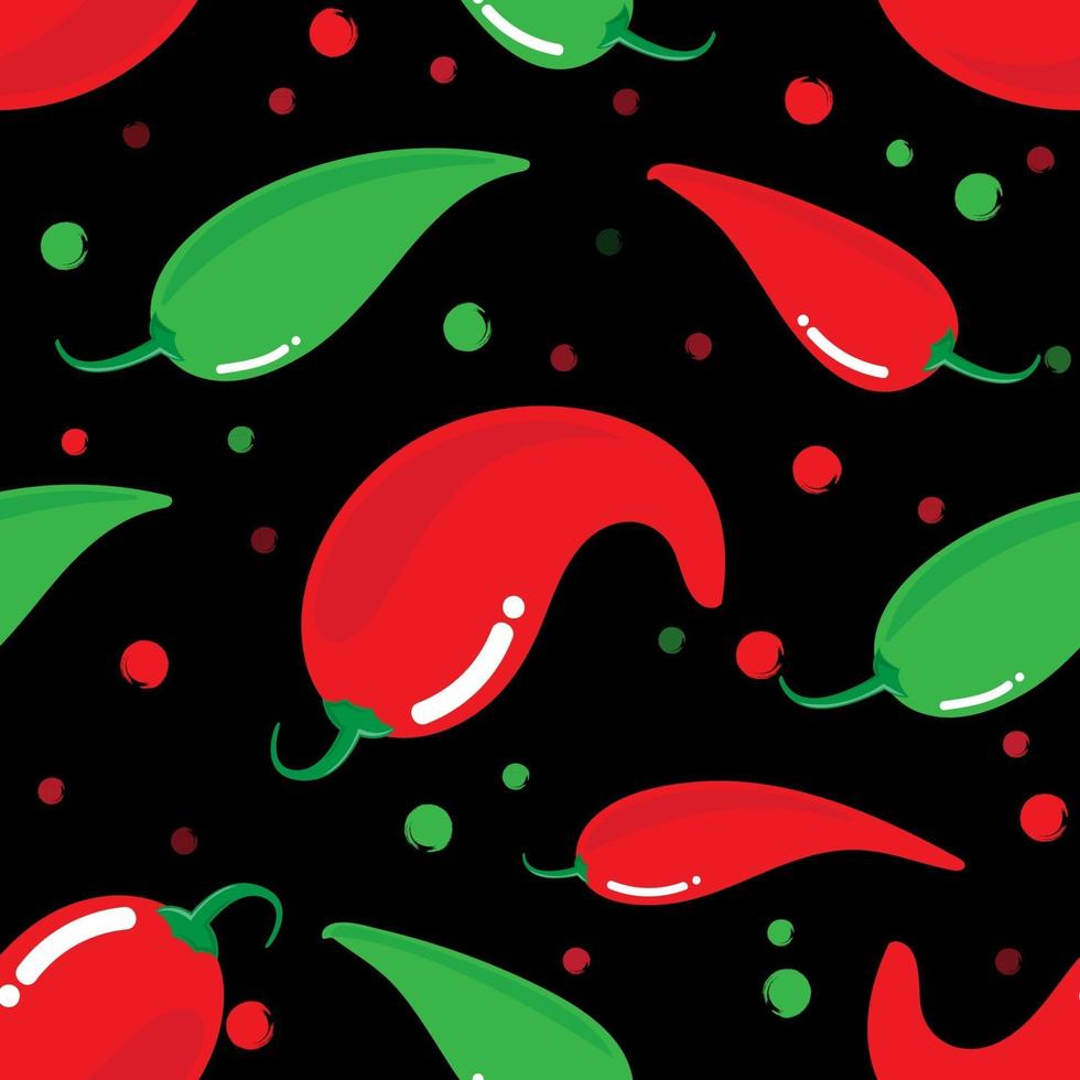 Seamless pattern red and green chilli pepper on black background vector