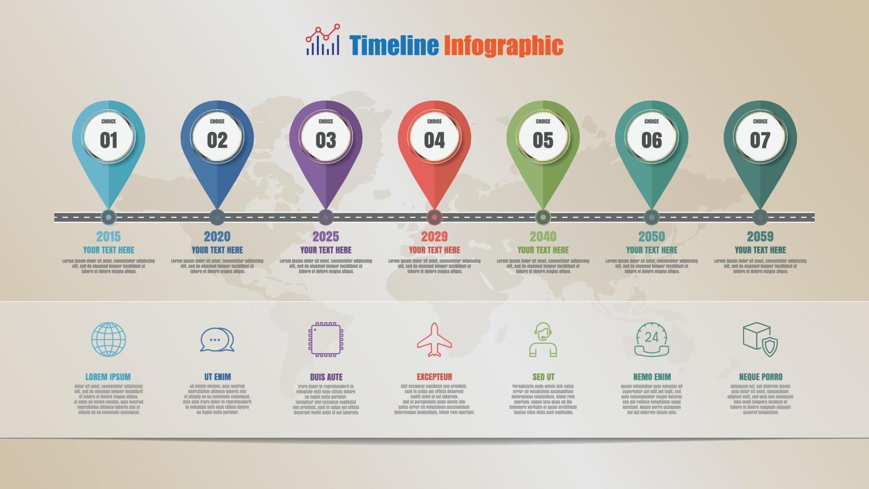 Roadmap timeline infographic with 7 steps, Vector Illustration