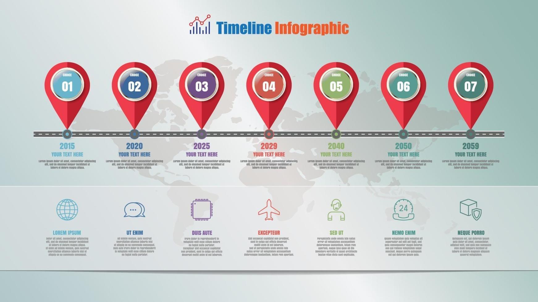 Roadmap timeline infographic with 7 steps, Vector Illustration