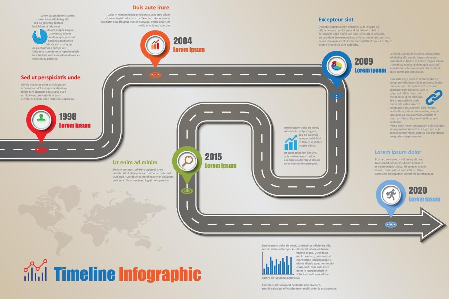 Plantilla de infografía de línea de tiempo de hoja de ruta de negocios diseñada plana vector