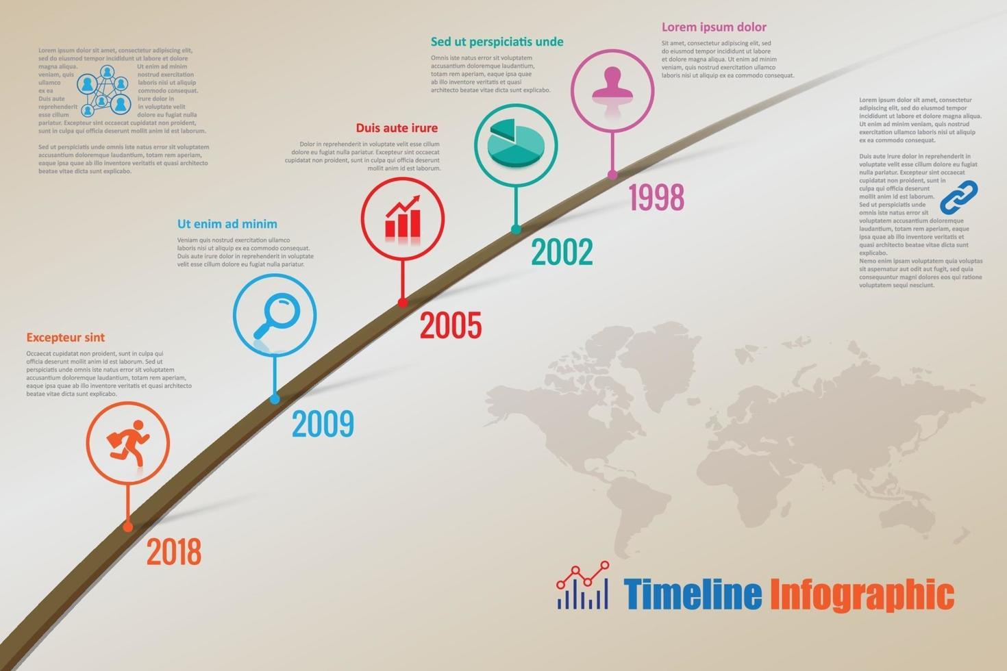 plantilla de diseño de puntero infográfico de línea de tiempo de hoja de ruta de negocios vector