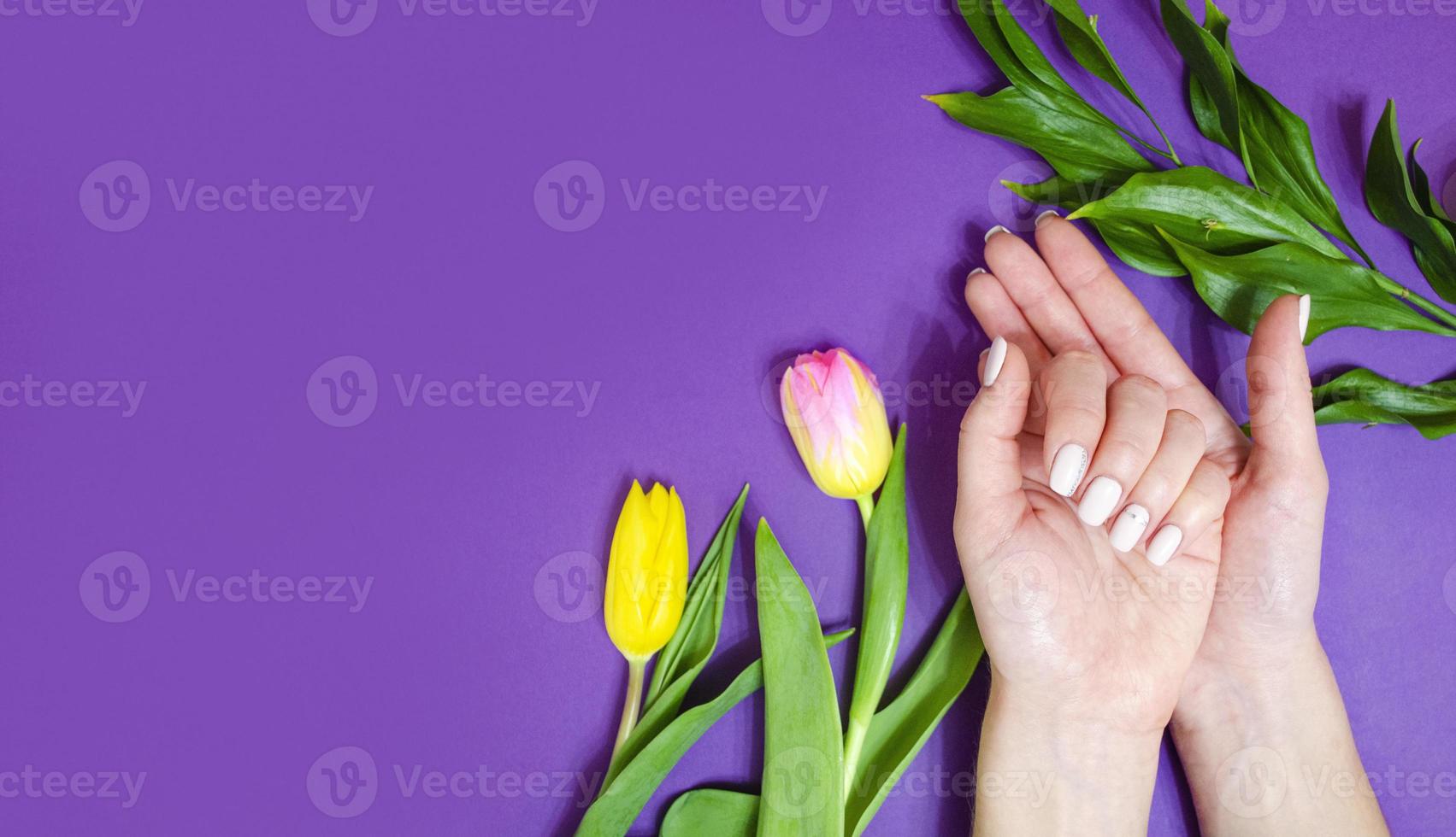 manicura femenina sobre un fondo brillante. púrpura foto