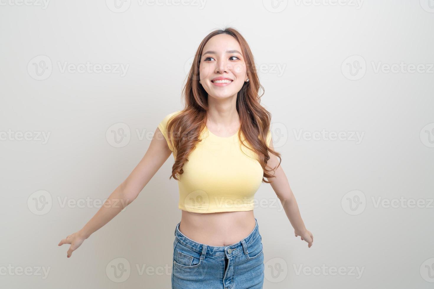 Portrait beautiful Asian woman with happy feeling and smiling on white background photo