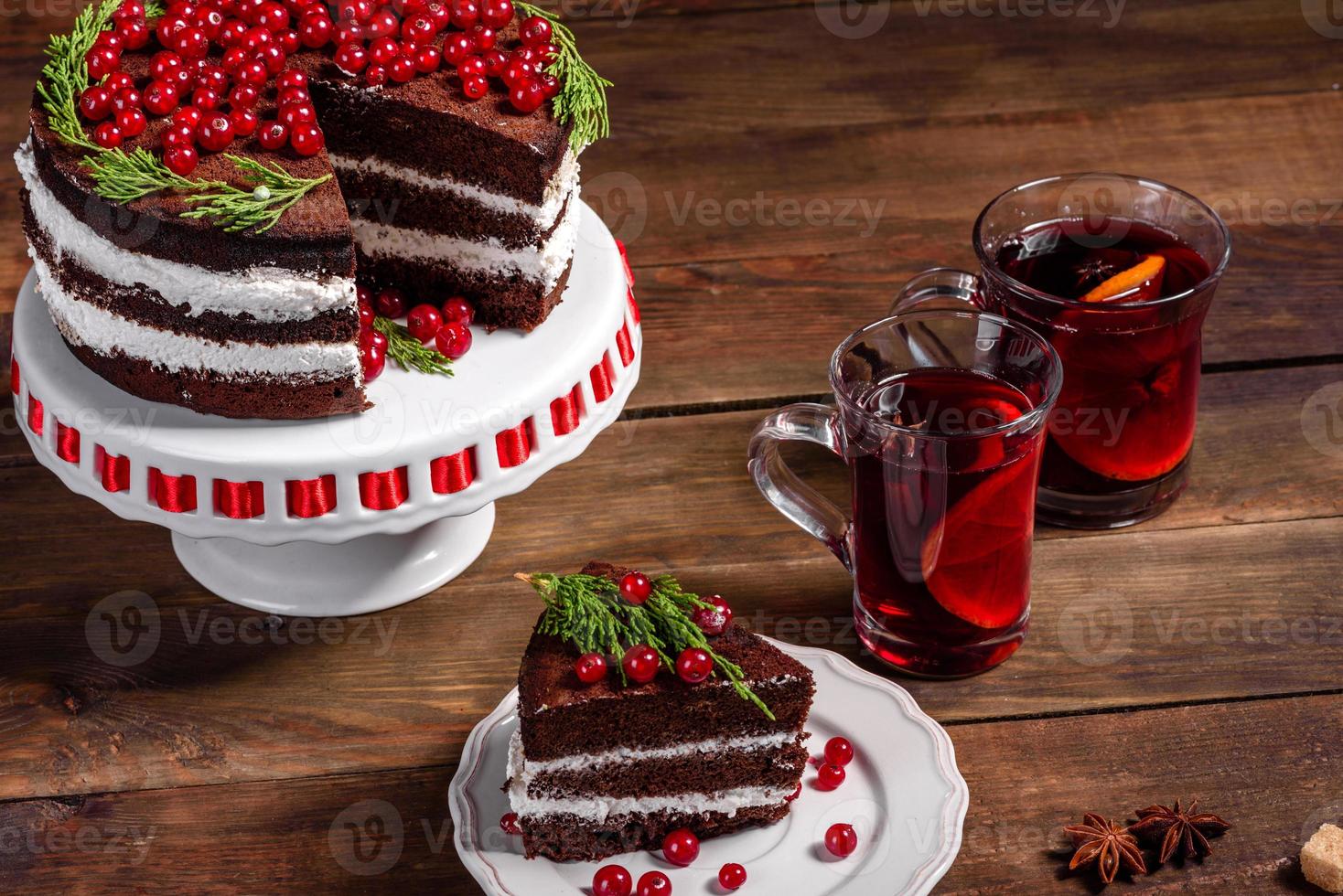 Beautiful delicious cake with bright red berries photo