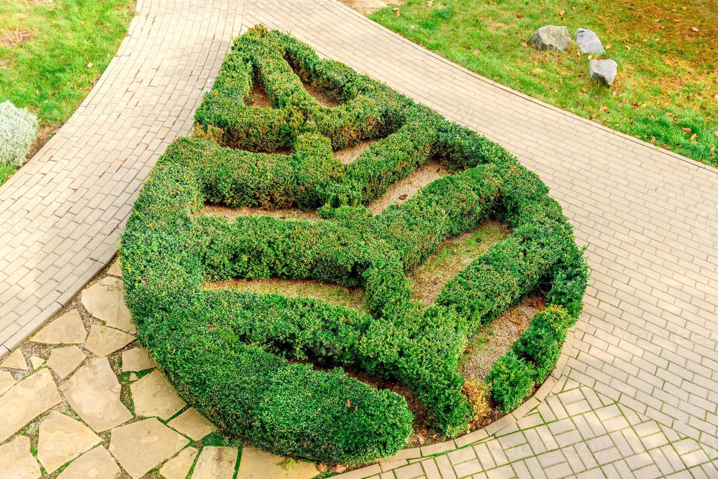 Leaf figure planted from bushes of evergreen plants in the park photo