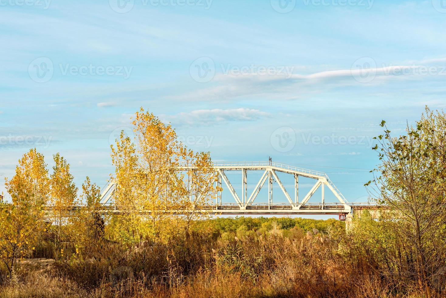 Un puente ferroviario de metal que conecta dos orillas del río. foto