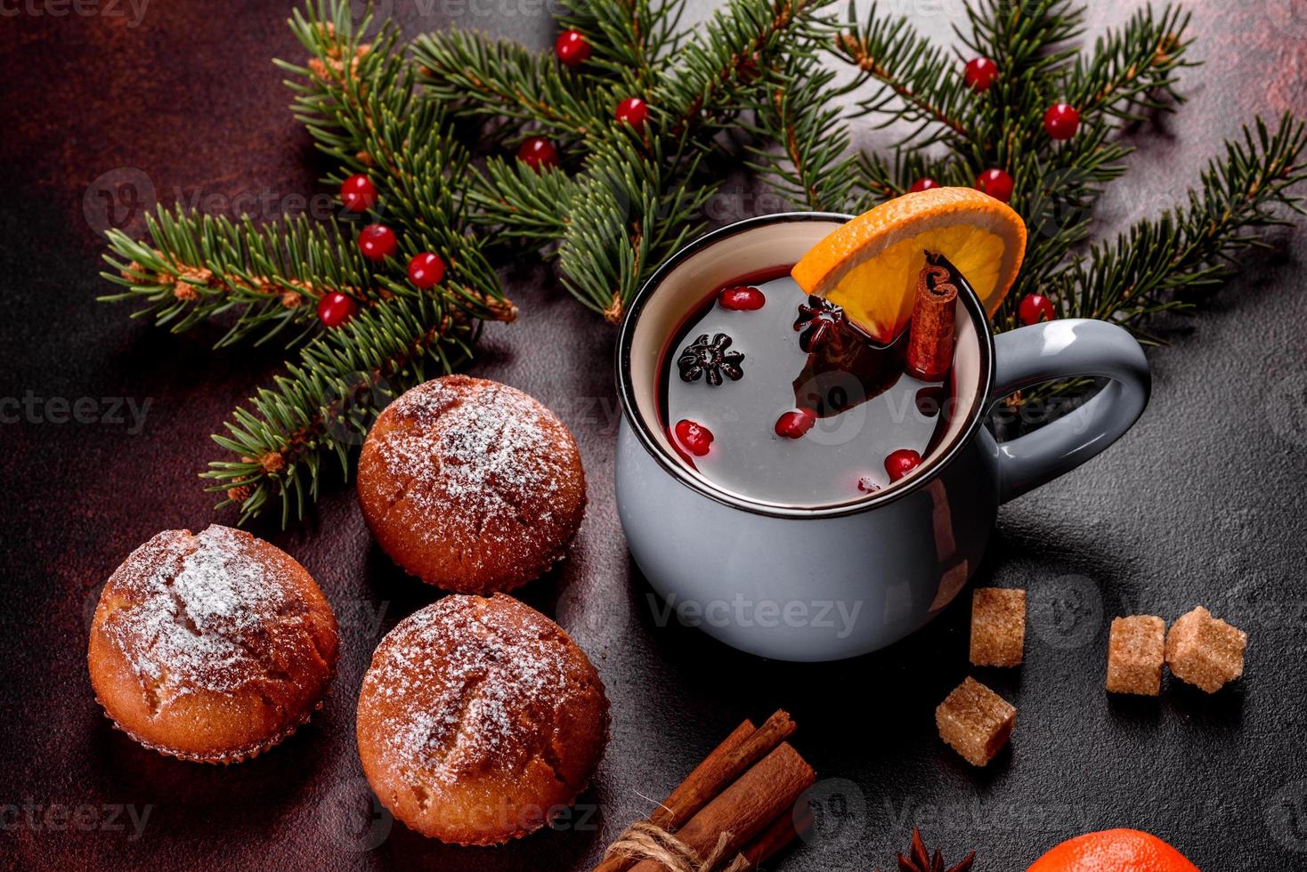 Beautiful delicious fresh cocoa muffins on the Christmas table photo