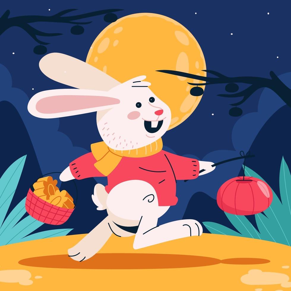 Rabbit Brings Mooncake and Lantern on Mid Autumn vector