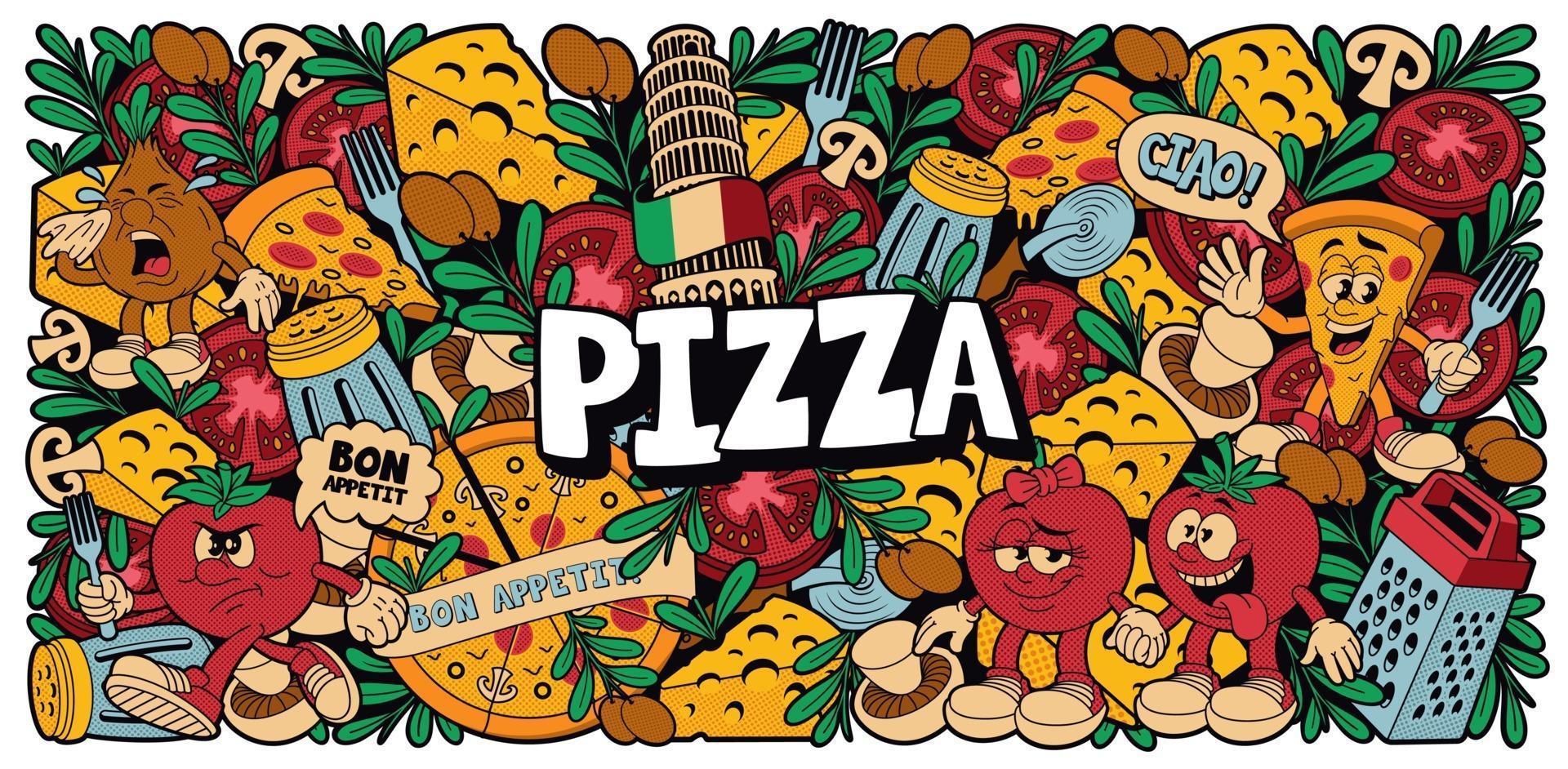 un fondo de pizza colorido en estilo de dibujos animados vector