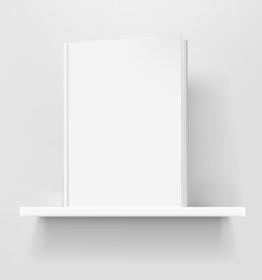 White book on white shelf. 3d style realistic vector mock up