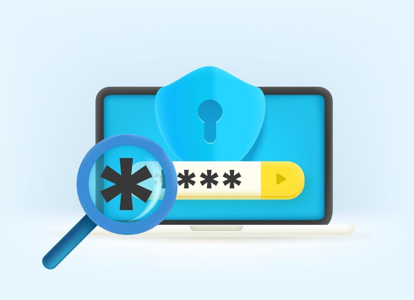 Password guessing on laptop. 3d style vector illustration