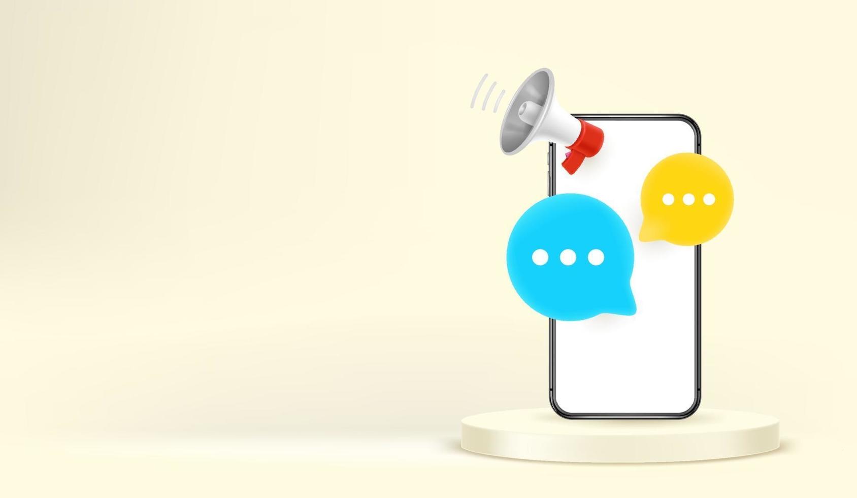 Smartphone mockup with speech clouds and megaphone. Horizontal banner vector