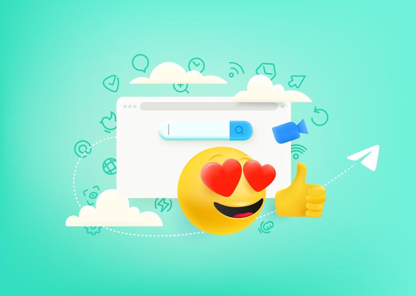 Social media. Concept with cute 3d style and doodle vector elements