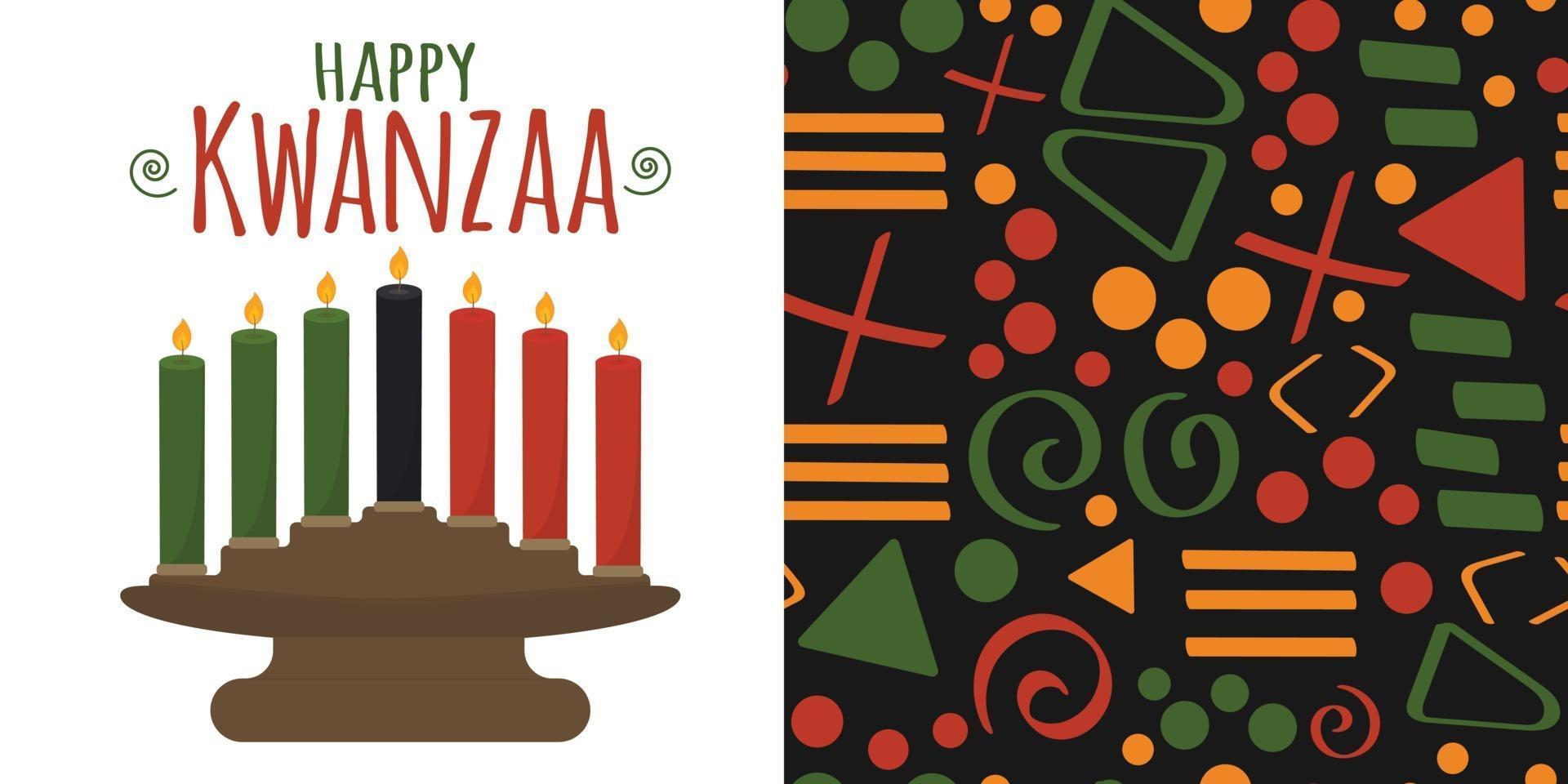 Happy kwanzaa - conjunto de candelabro kinara y fondo tribal vector