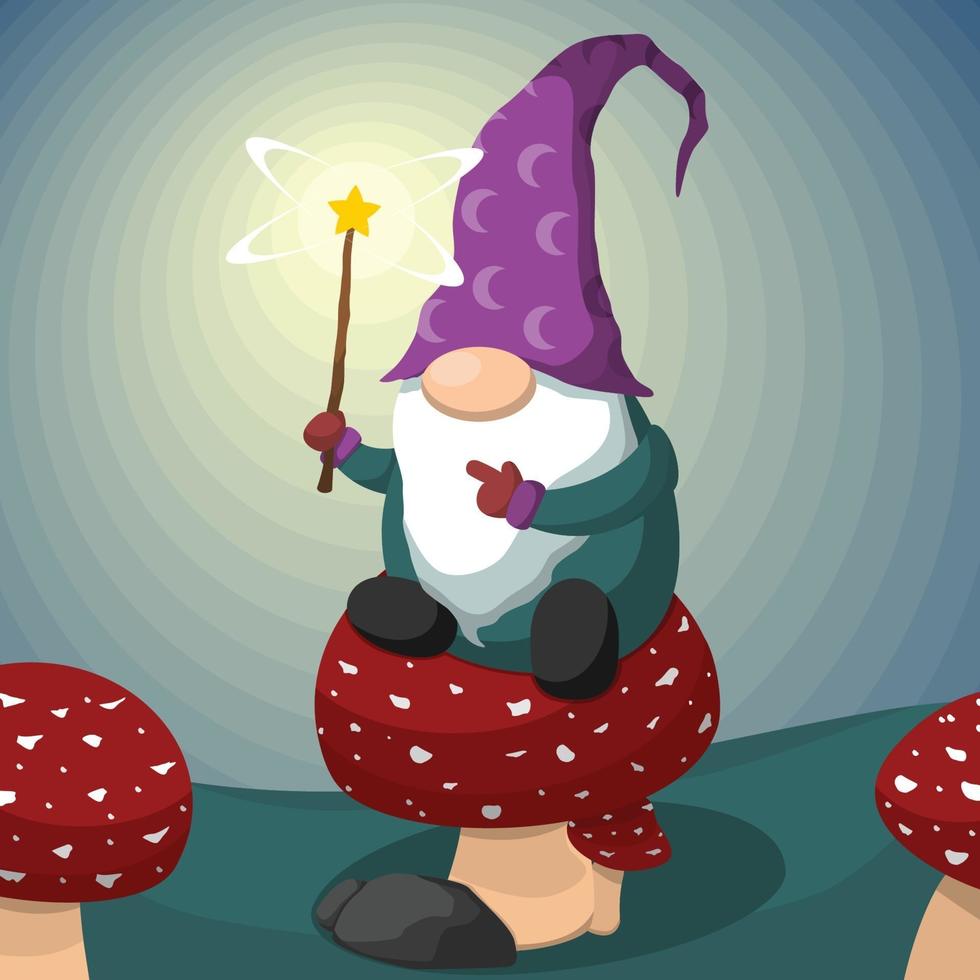 Cute Cartoon Gnome Sitting On Mushroom vector