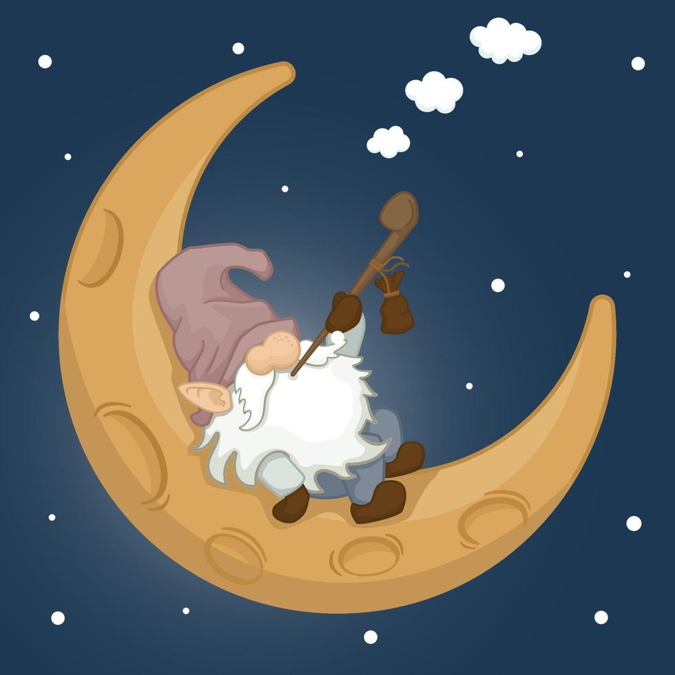 gnomo de dibujos animados lindo fumando en la luna vector