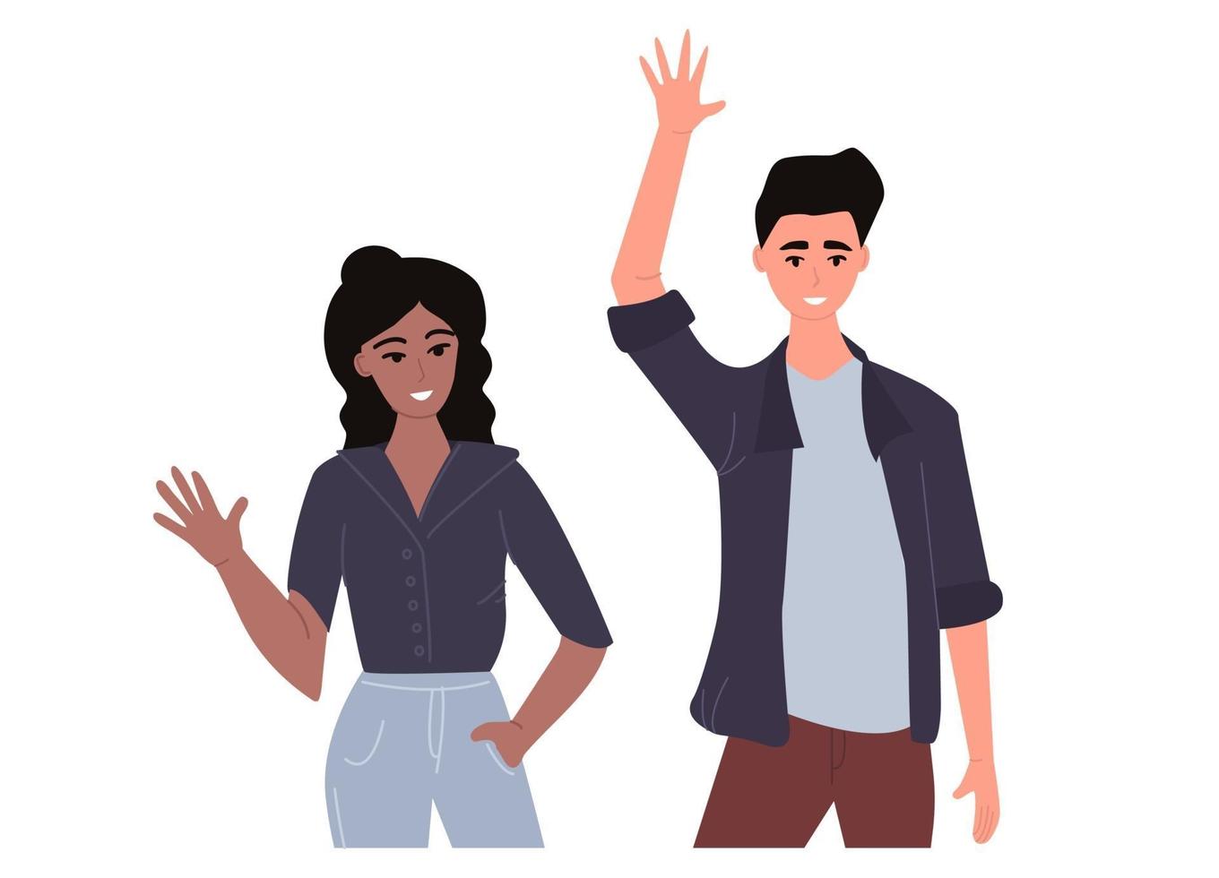 Fashionable black girl with curly hair and a guy waving hand. vector