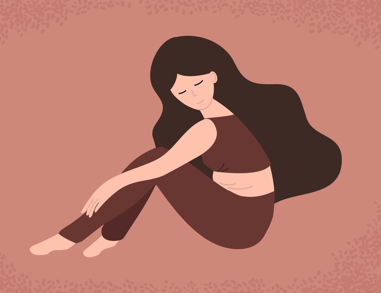 Self care, love your body. Cute girl smiling and hugging her legs. vector