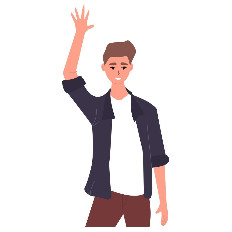 Smiling boy waving her hand, Happy student. vector