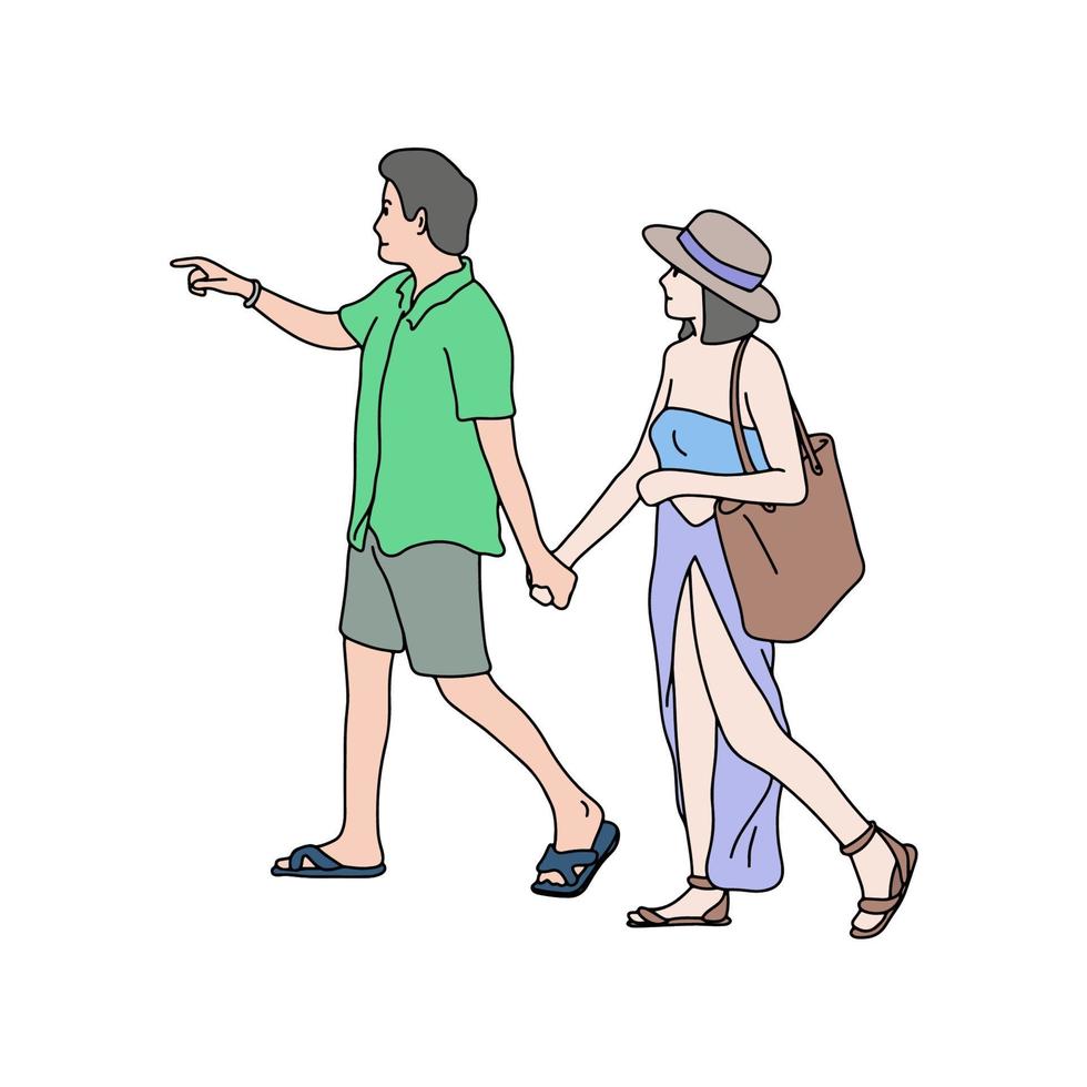 young couple wearing summer clothing walking vector