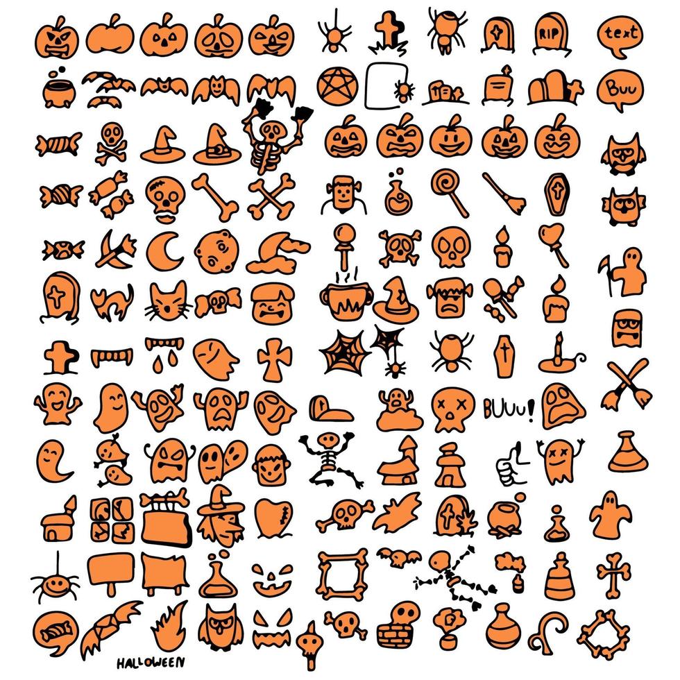conjunto de iconos de halloween naranja dibujado a mano con líneas negras vector