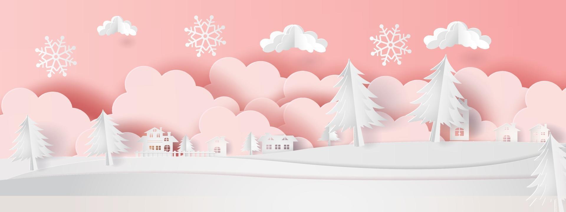 paper art snow town backgroug in christmas winter season vector